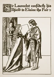 Sir Launcelot anförtror sin sköld till Elaine the Fair, illustration från 